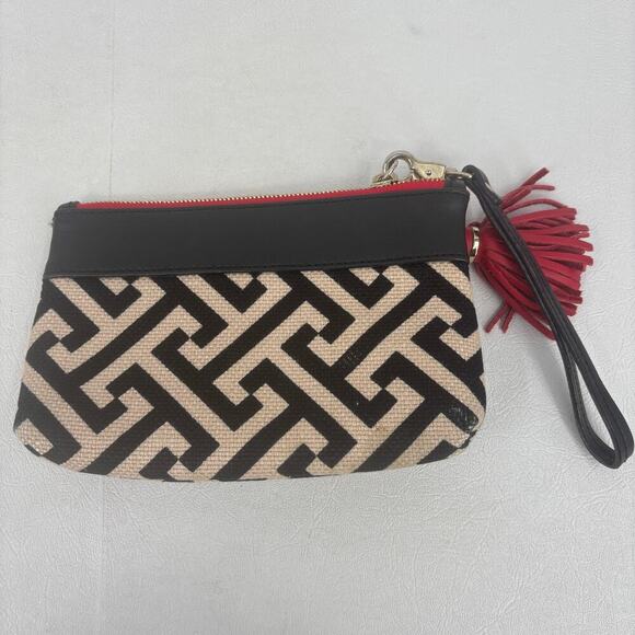Spartina Wristlet Clutch with Tassel Beige Black Red Geometric Leather Linen Zip - Picture 9 of 12